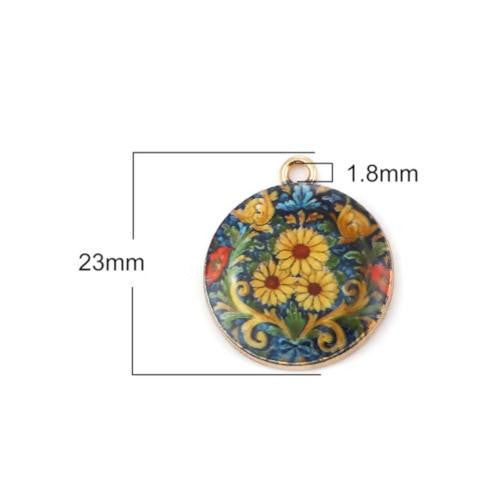 Pendants, Round, Vintage, Floral, Single-Sided, Green, Enameled, Light Gold, Alloy, 23mm - BEADED CREATIONS