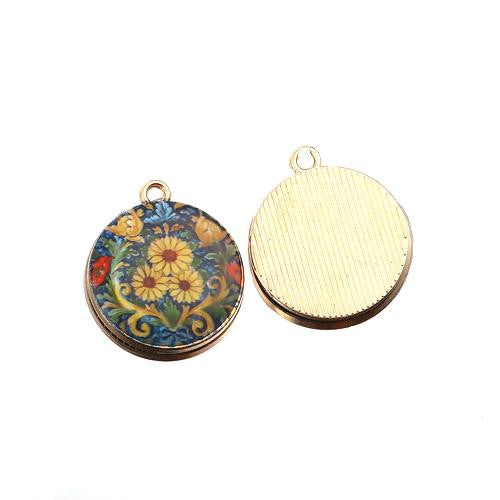 Pendants, Round, Vintage, Floral, Single-Sided, Green, Enameled, Light Gold, Alloy, 23mm - BEADED CREATIONS