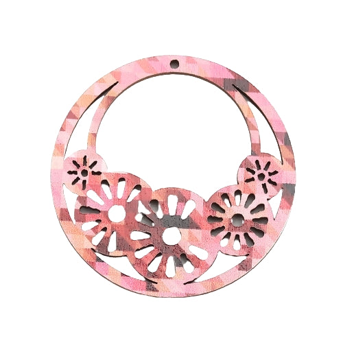 Pendants, Round, Wood, Laser-Cut, Printed, Pink, 4.5cm - BEADED CREATIONS