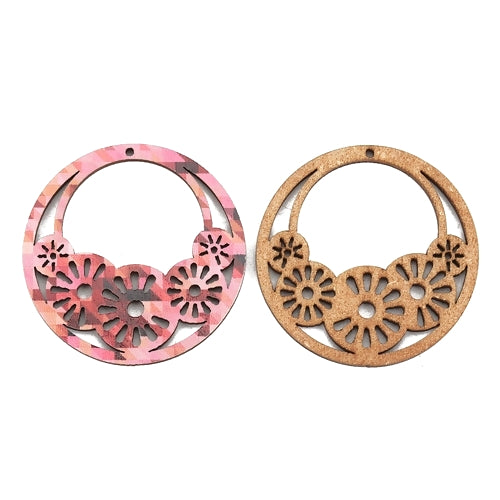 Pendants, Round, Wood, Laser-Cut, Printed, Pink, 4.5cm - BEADED CREATIONS