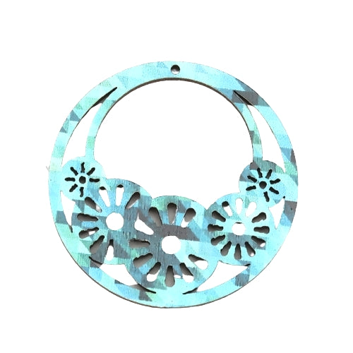 Pendants, Round, Wood, Laser-Cut, Printed, Sky Blue, Grey, 45mm - BEADED CREATIONS