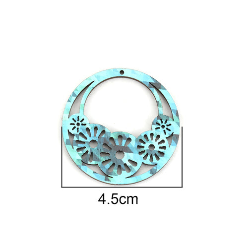 Pendants, Round, Wood, Laser-Cut, Printed, Sky Blue, Grey, 45mm - BEADED CREATIONS