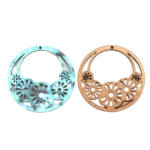 Pendants, Round, Wood, Laser-Cut, Printed, Sky Blue, Grey, 45mm - BEADED CREATIONS