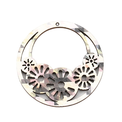 Pendants, Round, Wood, Laser-Cut, Printed, White, Pink, Grey 45mm - BEADED CREATIONS