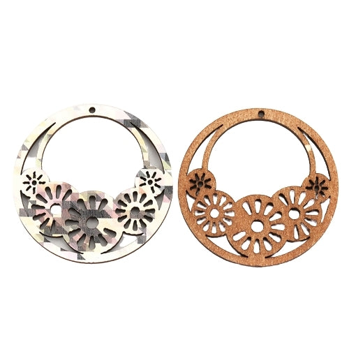 Pendants, Round, Wood, Laser-Cut, Printed, White, Pink, Grey 45mm - BEADED CREATIONS