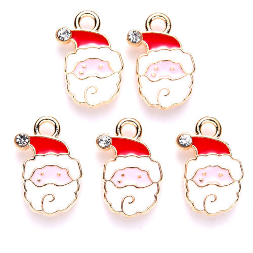 Pendants, Santa Claus Head, Red, White, Enamel, With Rhinestone, 17mm - BEADED CREATIONS