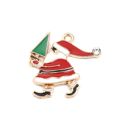 Pendants, Santa Claus, Single-Sided, Red, White, Green, Enameled, Clear Rhinestone, Light Gold Alloy, 24mm - BEADED CREATIONS