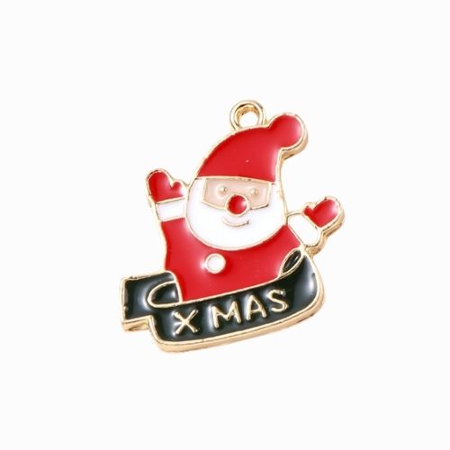 Pendants, Santa Claus with Xmas Banner, Single-Sided, Enameled, Light Gold Alloy, 23mm - BEADED CREATIONS