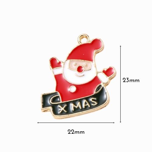 Pendants, Santa Claus with Xmas Banner, Single-Sided, Enameled, Light Gold Alloy, 23mm - BEADED CREATIONS