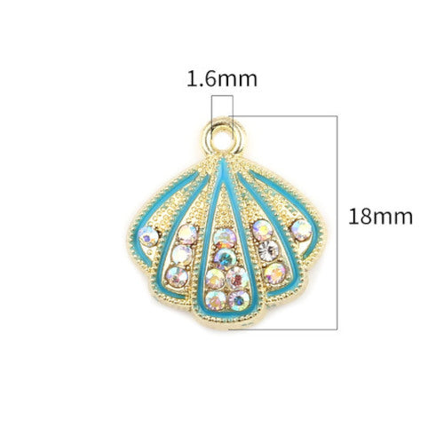 Pendants, Shell, Single-Sided, Micro Pave, Blue, Enameled, Light Gold Alloy, 18mm - BEADED CREATIONS
