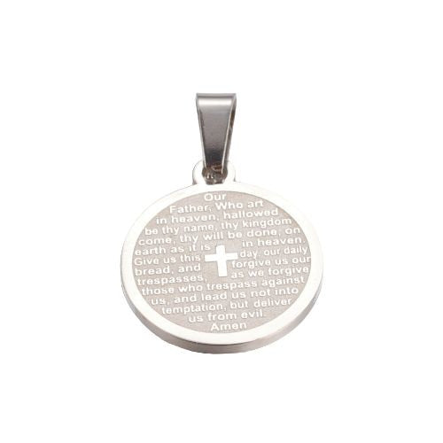 Pendants, Stainless Steel, Round, The Lord's Prayer, Silver, 21mm - BEADED CREATIONS