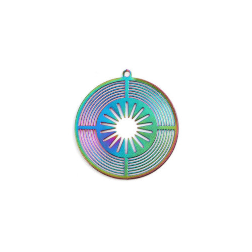 Pendants, Sun, Round, Laser-Cut, Stainless Steel, (IP), Rainbow, 32mm - BEADED CREATIONS