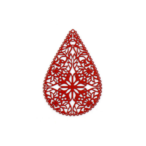 Pendants, Teardrop, Filigree, Red, Enamel, Iron, 40mm - BEADED CREATIONS