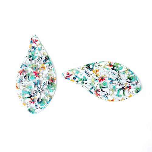 Pendants, Teardrop, Laser-Cut, Floral, Multicolor, Enamel, Alloy, 70mm - BEADED CREATIONS
