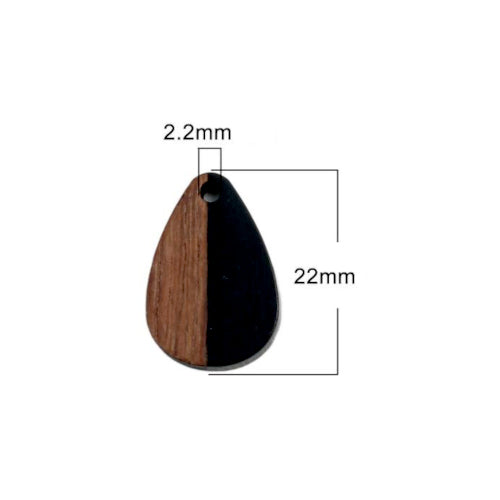 Pendants, Teardrop, Walnut Wood, Resin, Black, 22mm - BEADED CREATIONS