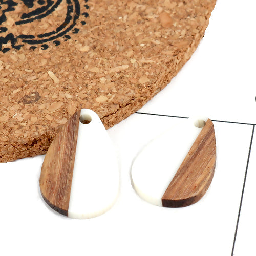 Pendants, Teardrop, Walnut Wood, Resin, White, 22mm - BEADED CREATIONS