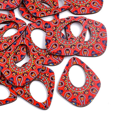 Pendants, Teardrop, Wood, Laser-Cut, Printed, Red, 45mm - BEADED CREATIONS