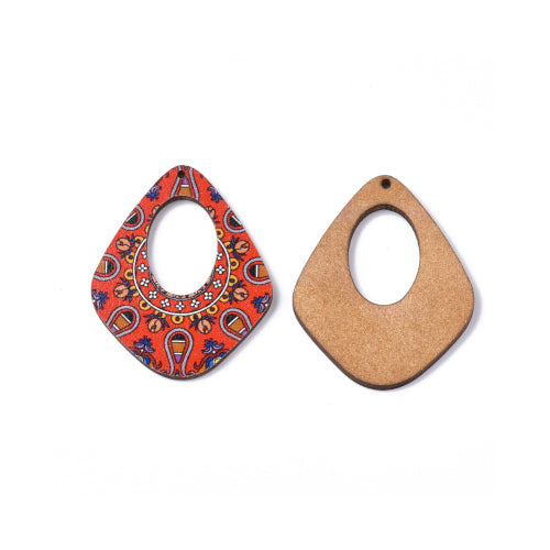 Pendants, Teardrop, Wood, Laser-Cut, Printed, Red, 45mm - BEADED CREATIONS