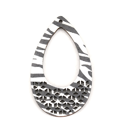 Pendants, Teardrop, Wood, Printed, Black, White, 50mm - BEADED CREATIONS