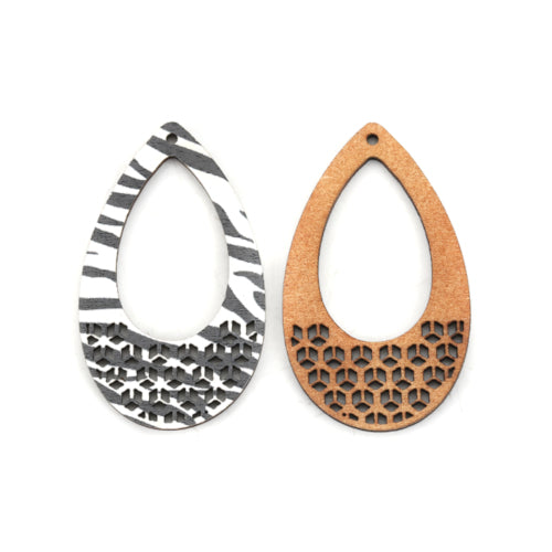 Pendants, Teardrop, Wood, Printed, Black, White, 50mm - BEADED CREATIONS