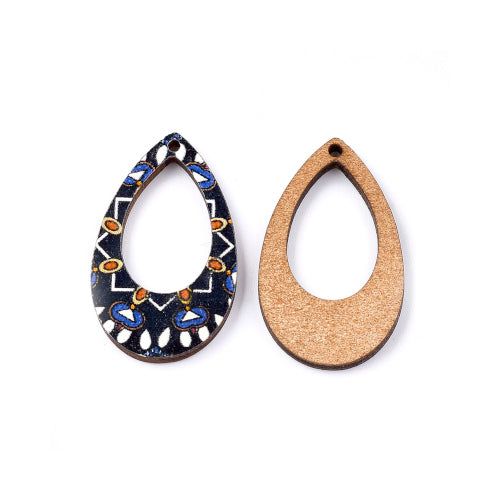 Pendants, Teardrop, Wood, Printed, Blue, 34.5mm - BEADED CREATIONS