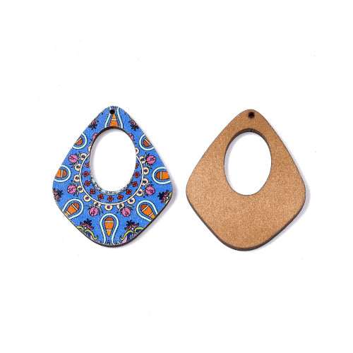 Pendants, Teardrop, Wood, Printed, Dodger Blue, 45mm - BEADED CREATIONS