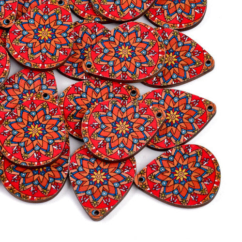 Pendants, Teardrop, Wood, Printed, Red, 34.5mm- BEADED CREATIONS