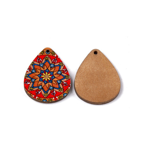 Pendants, Teardrop, Wood, Printed, Red, 34.5mm - BEADED CREATIONS