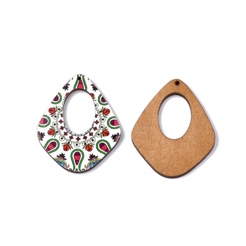 Pendants, Teardrop, Wood, Printed, White, 45mm - BEADED CREATIONS