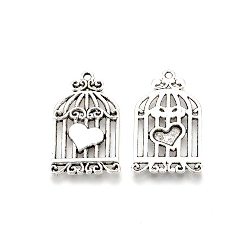 Pendants, Tibetan Style, Birdcage With Heart, Antique Silver, Alloy, 33.5mm - BEADED CREATIONS