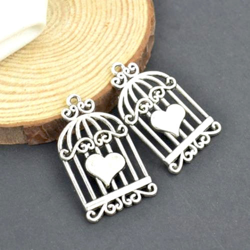 Pendants, Tibetan Style, Birdcage With Heart, Antique Silver, Alloy, 33.5mm - BEADED CREATIONS