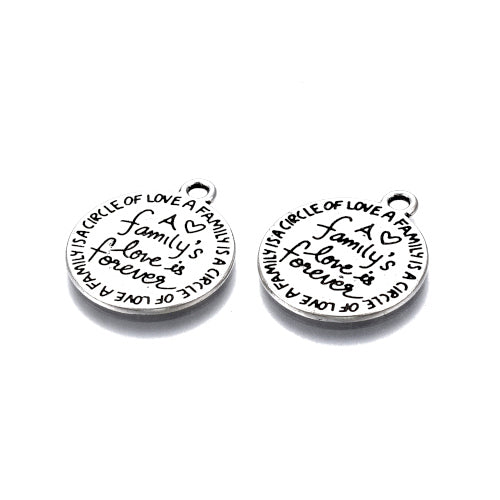 Pendants, Tibetan Style, Flat, Round, With Words, A Family's Love Is Forever, Antique Silver, Alloy, 20mm - BEADED CREATIONS