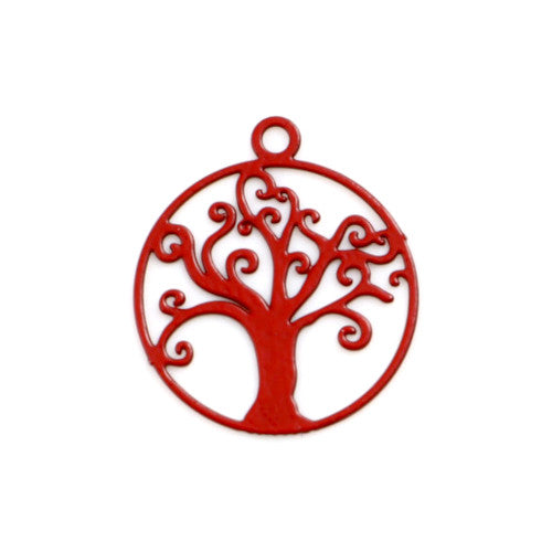Pendants, Tree Of Life, Enameled, Flat, Round, Filigree, Red, Alloy, 16mm - BEADED CREATIONS