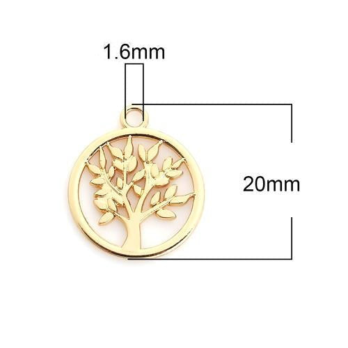Pendants, Tree Of Life, Single-Sided, Flat, Round, Openwork, Gold Plated, Alloy, 20mm - BEADED CREATIONS
