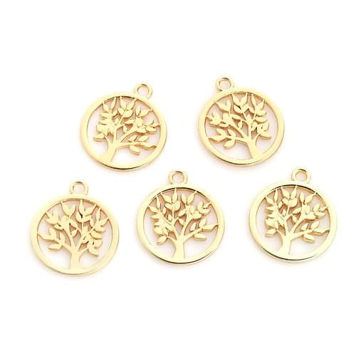 Pendants, Tree Of Life, Single-Sided, Flat, Round, Openwork, Gold Plated, Alloy, 20mm - BEADED CREATIONS