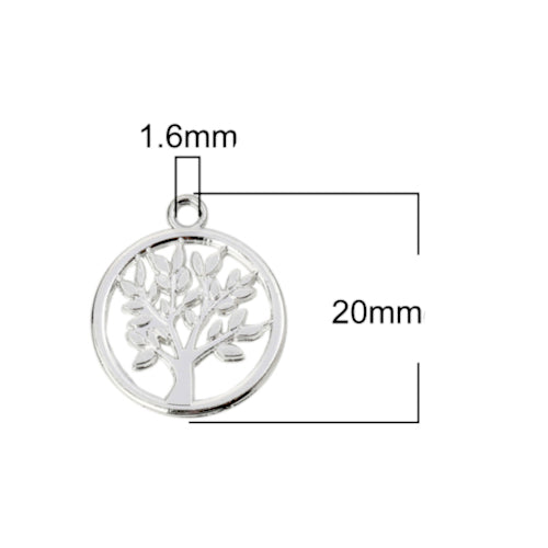 Pendants, Tree Of Life, Single-Sided, Flat, Round, Openwork, Silver Plated, Alloy, 20mm - BEADED CREATIONS