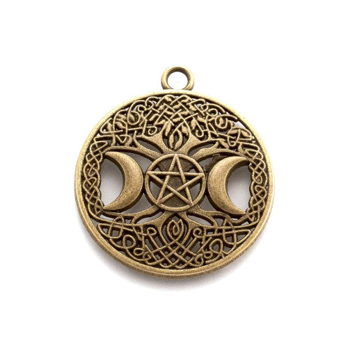 Pendants, Triple Goddess Pentacle, Round, Antique Bronze, 39mm - BEADED CREATIONS