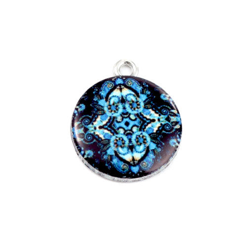 Pendants, Vintage Floral, Single-Sided, Round, Blue, Enamel, Silver Plated, Alloy, 22mm - BEADED CREATIONS