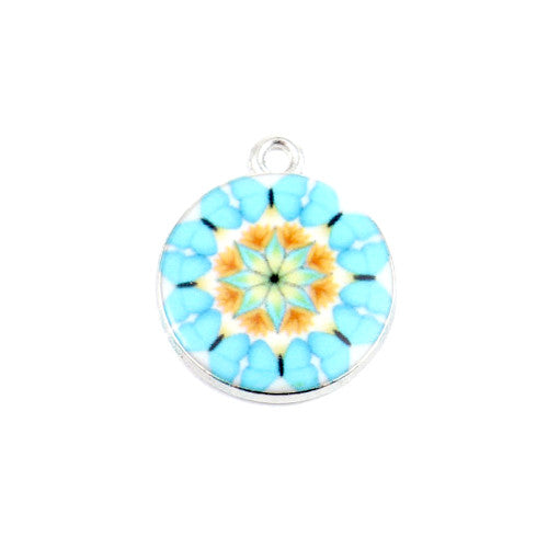 Pendants, Vintage Floral, Single-Sided, Round, Light Blue, Enamel, Silver Plated, Alloy, 22mm - BEADED CREATIONS