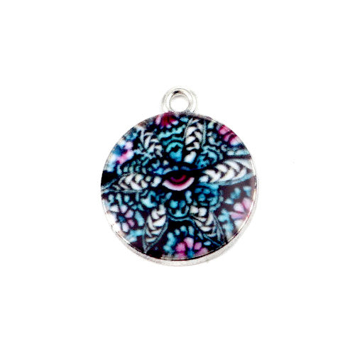 Pendants, Vintage Floral, Single-Sided, Round, Multicolored, Enamel, Silver Plated, Alloy, 22mm - BEADED CREATIONS