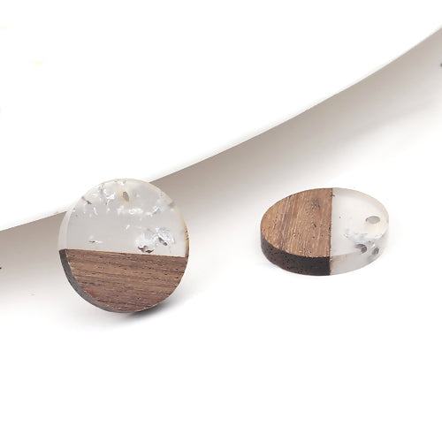 Pendants, Walnut Wood And Resin, Clear, Silver Foil, Round, Focal, Drop, 18mm - BEADED CREATIONS