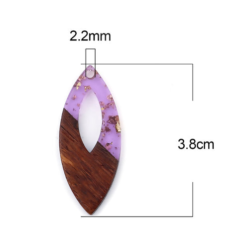 Pendants, Walnut Wood And Resin, Purple, Gold Foil, Marquise, Focal, Drop, 3.8cm - BEADED CREATIONS