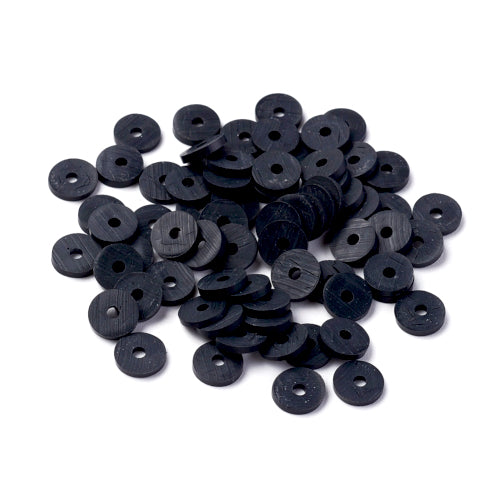 Polymer Clay Beads, Fimo, Katsuki, Heishi, Flat, Round, Black, 6mm - BEADED CREATIONS
