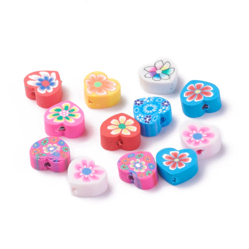 Polymer Clay Beads, Hearts, Floral, Mixed Colors, 10mm - BEADED CREATIONS