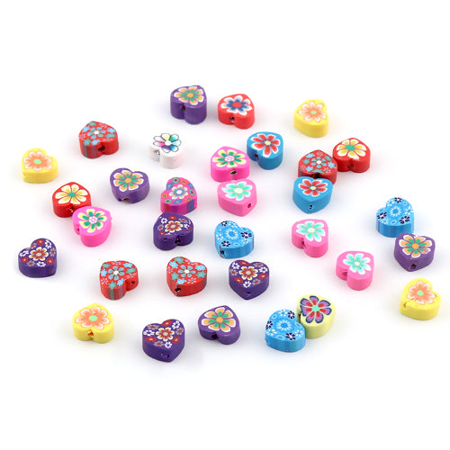 Polymer Clay Beads, Hearts, Floral, Mixed Colors, 10mm - BEADED CREATIONS