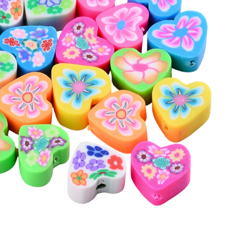 Polymer Clay Beads, Hearts, Floral, Mixed Colors, 10mm - BEADED CREATIONS
