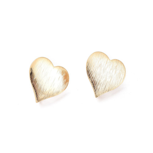 Post Earrings, Heart, Drawbench, With Hidden Loop, 18K Gold Plated, Brass 19.5mm - BEADED CREATIONS