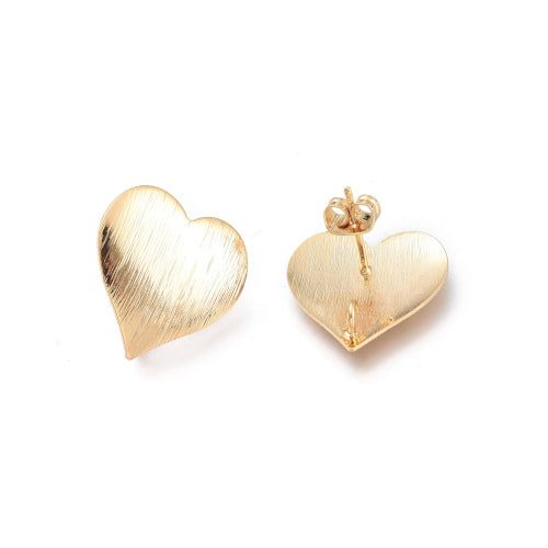 Post Earrings, Heart, Drawbench, With Hidden Loop, 18K Gold Plated, Brass 19.5mm - BEADED CREATIONS