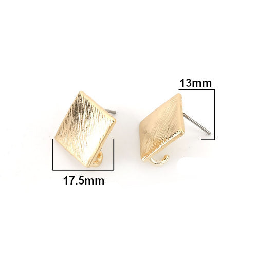 Post Earrings, Rhombus, Drawbench, With Hidden Loop, 18K Gold Plated, Brass, 17.5mm - BEADED CREATIONS