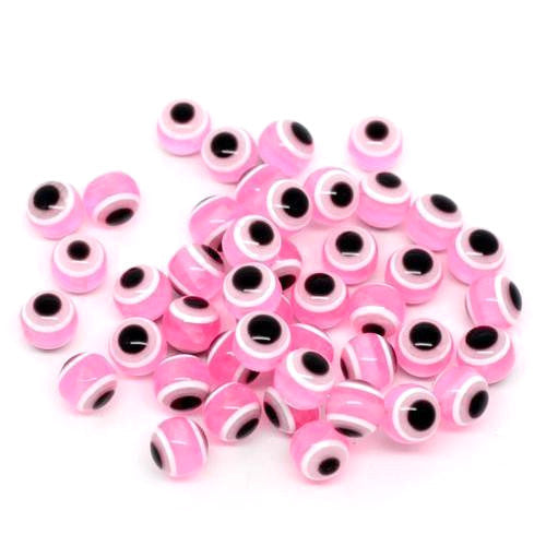 Resin Beads, Evil Eye, Round, Pink, Black, 8mm - BEADED CREATIONS